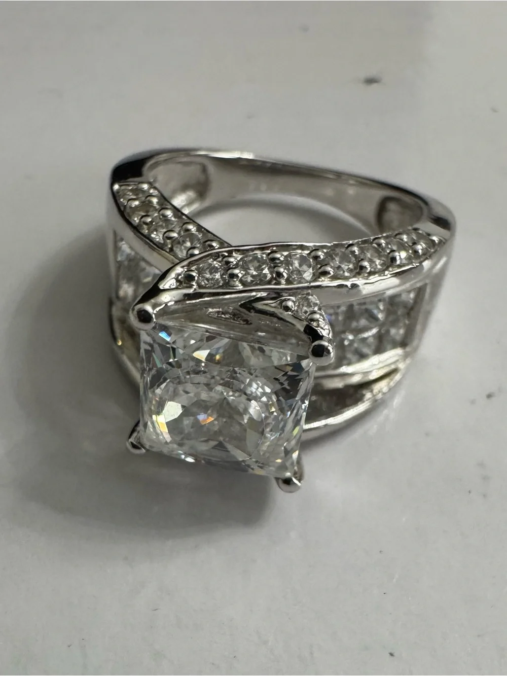 925 Silver Ring w/Large Square Cut Center CZ & sizzling CZ accents- A Statement!